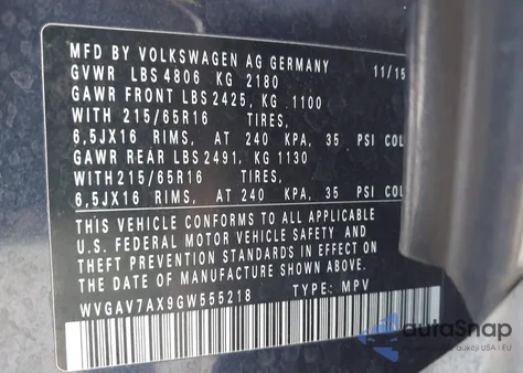 2016 Volkswagen Tiguan S z USA, uszkodzony, nr VIN WVGAV7AX9GW555218